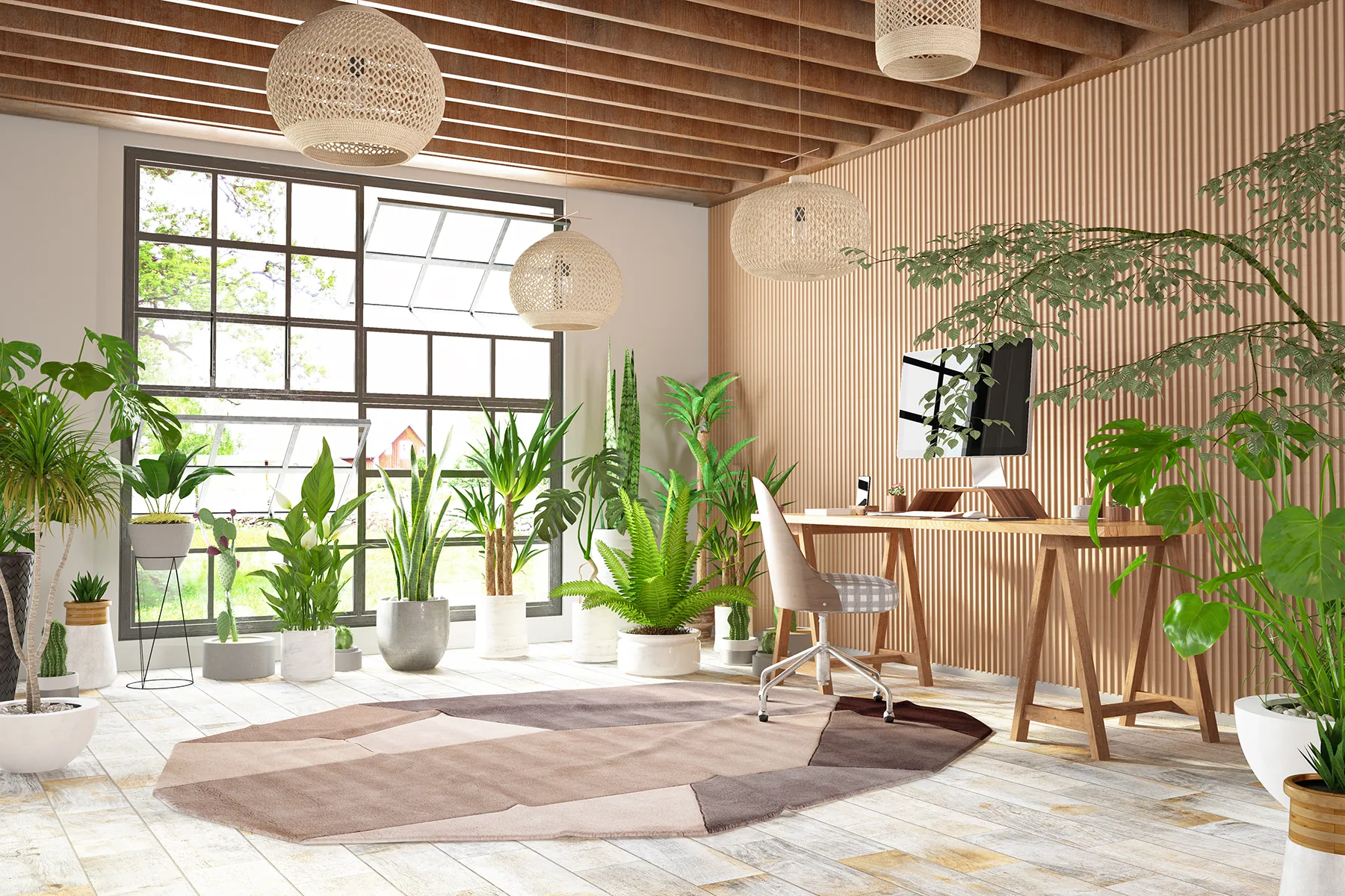A serene, minimalist office room featuring container plants and natural lighting, ideal for meditation or yoga.