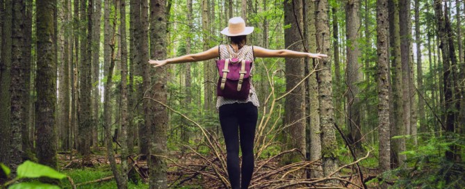 Forest bathing woman relieving stress on a walk in nature.