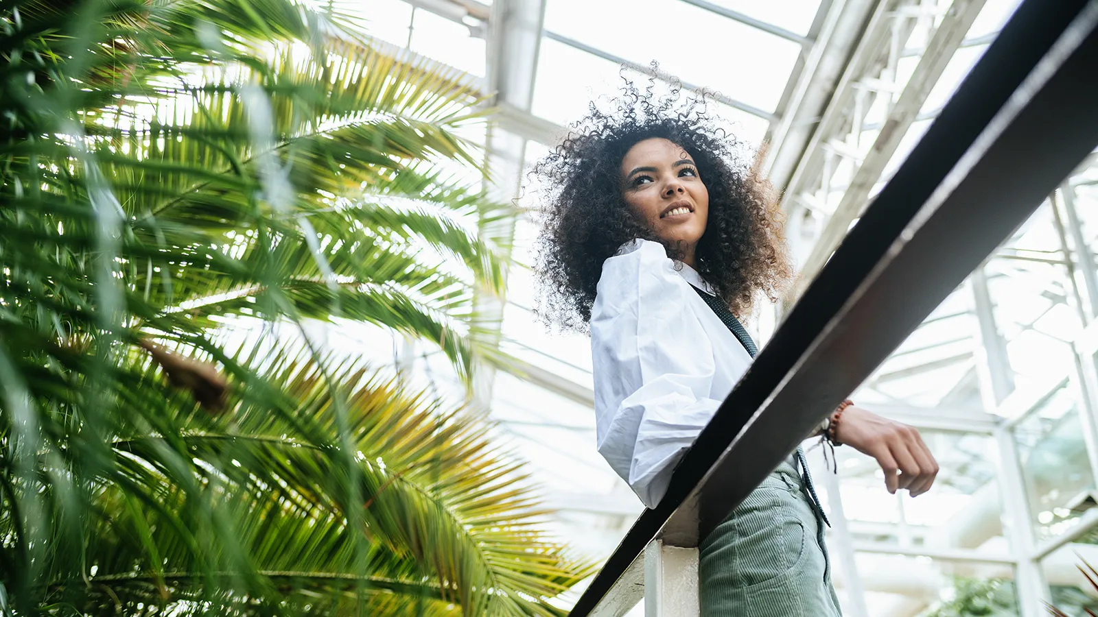 Experiencing the profound emotion of awe by looking up into a vast, sunlit indoor canopy, showcasing the transformative power of biophilic design principles