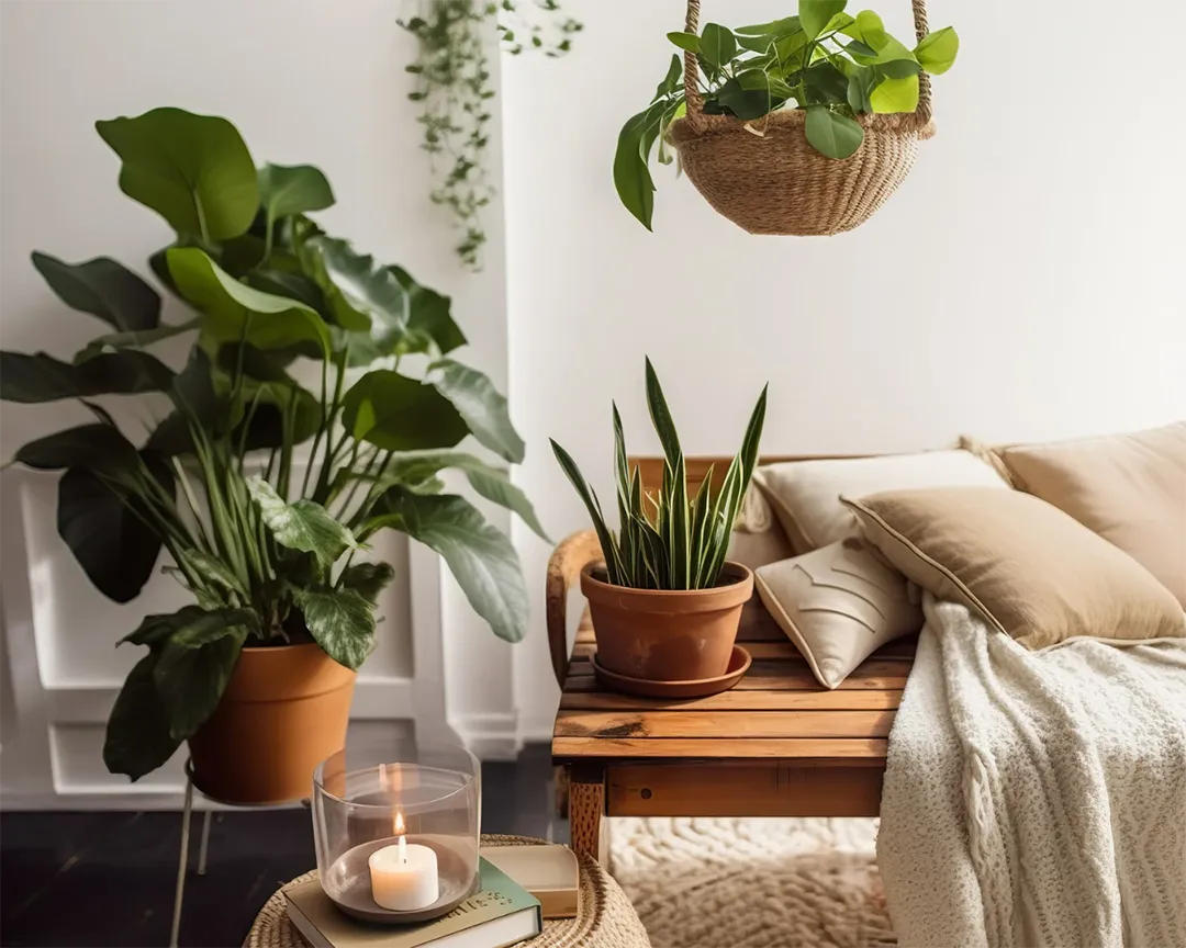 Transform any space into a relaxing wellness room by incorporating indoor plants.