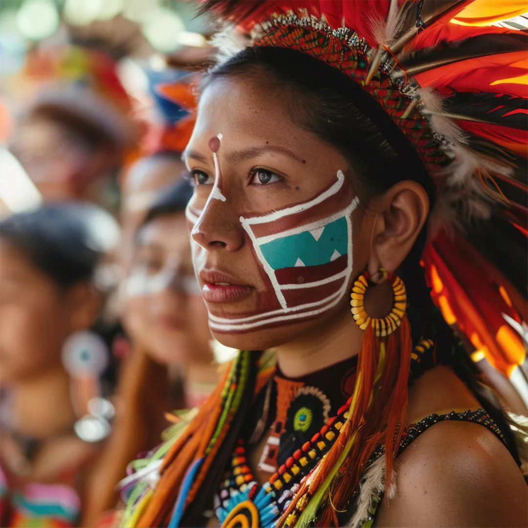 Native American woman wearing a ceremonial headdress and face paint, standing among others dressed in traditional attire.