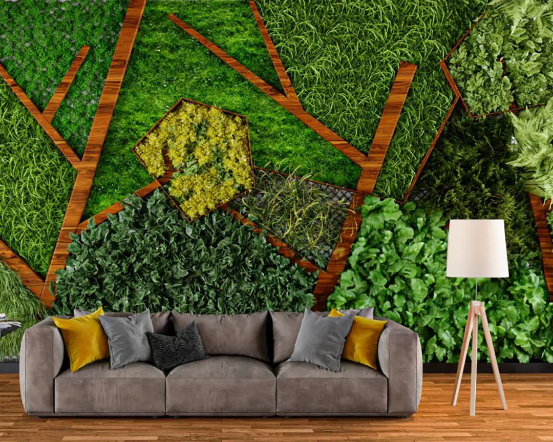 A living wall featuring plants integrated with wood panels for a biophilic design.