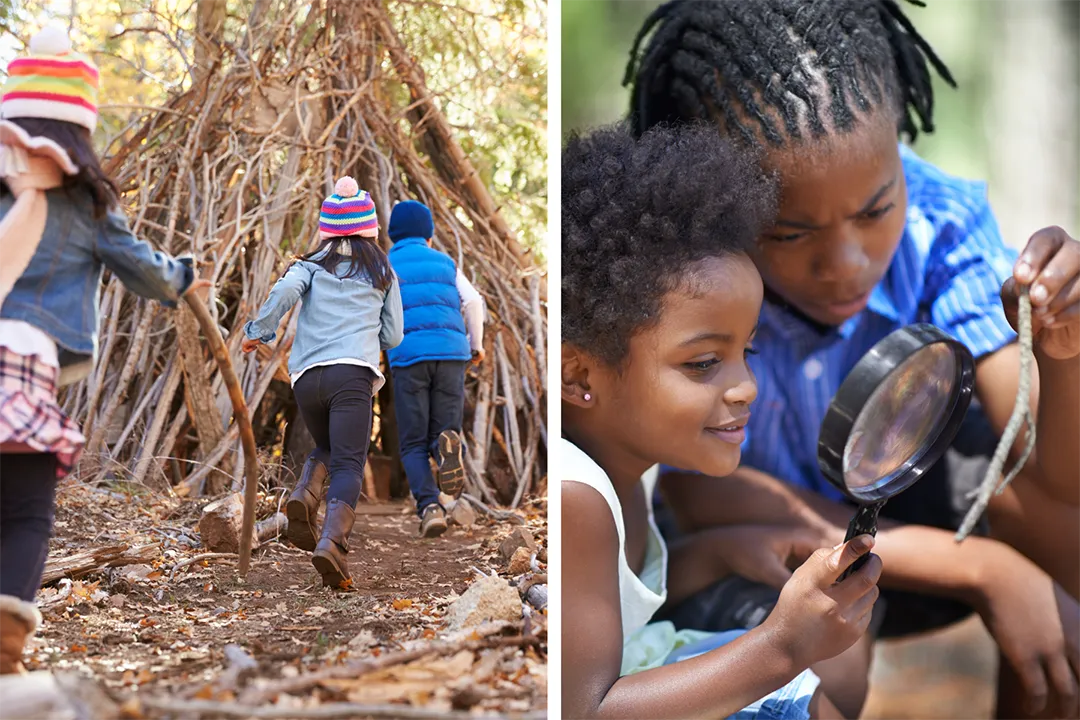 Left: Children in winter hats run towards a den made of sticks in a wooded area. Right: Two young children closely examine a twig with a magnifying glass outdoors.