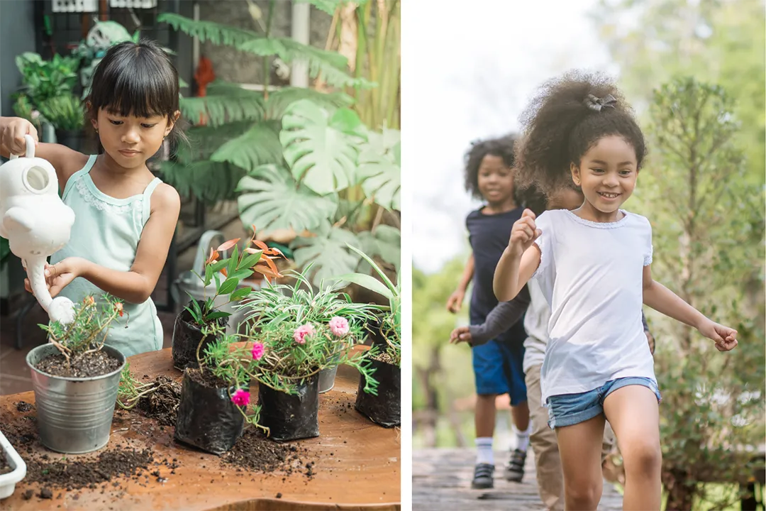 Left: A young girl waters potted plants on a wooden table outdoors. Right: Three children run happily along an outdoor wooden boardwalk, surrounded by greenery.