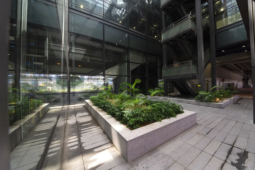 Office building atrium rest area featuring stress relieving plant installation.