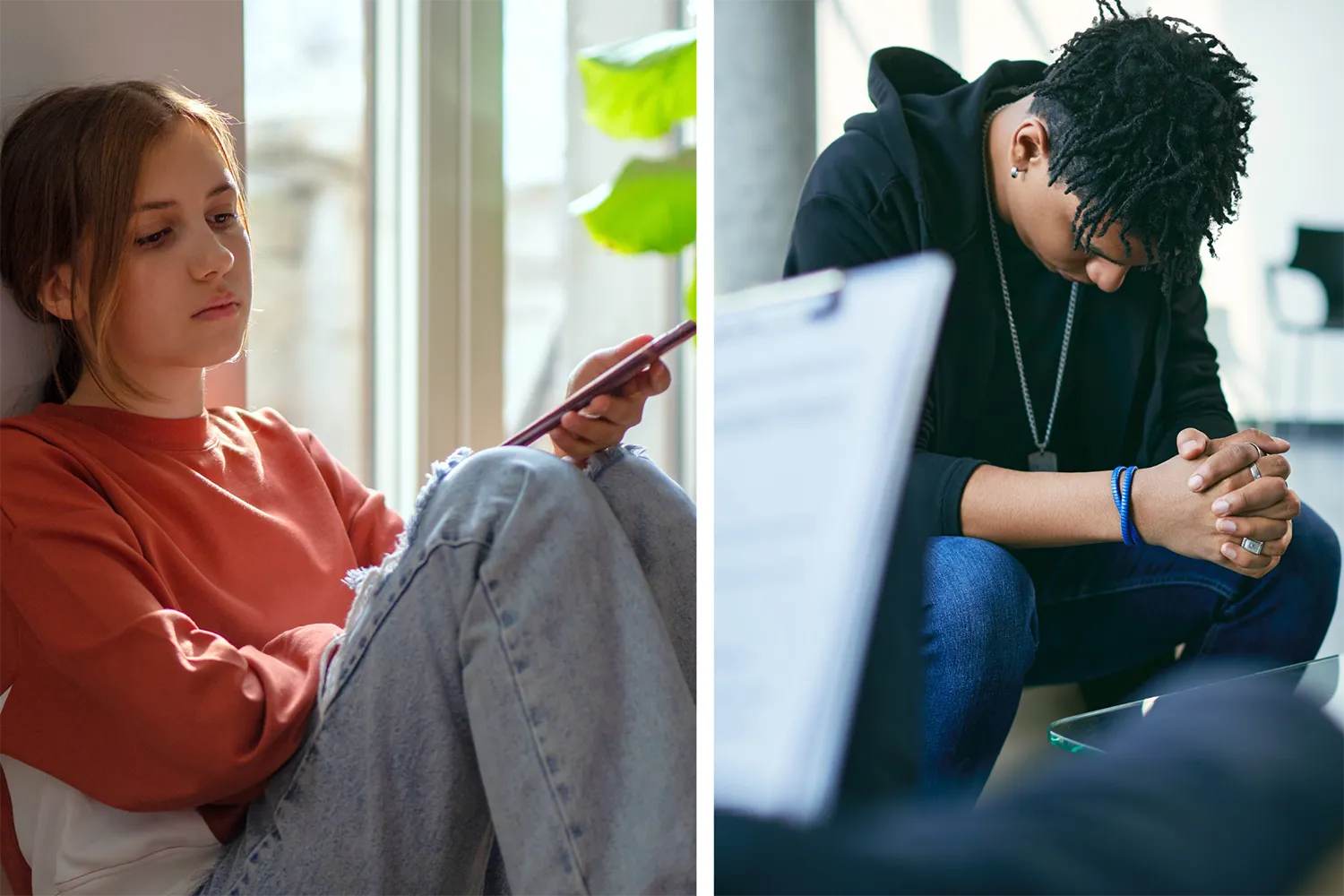 Sad and depressed teenagers inside, on their phones.
