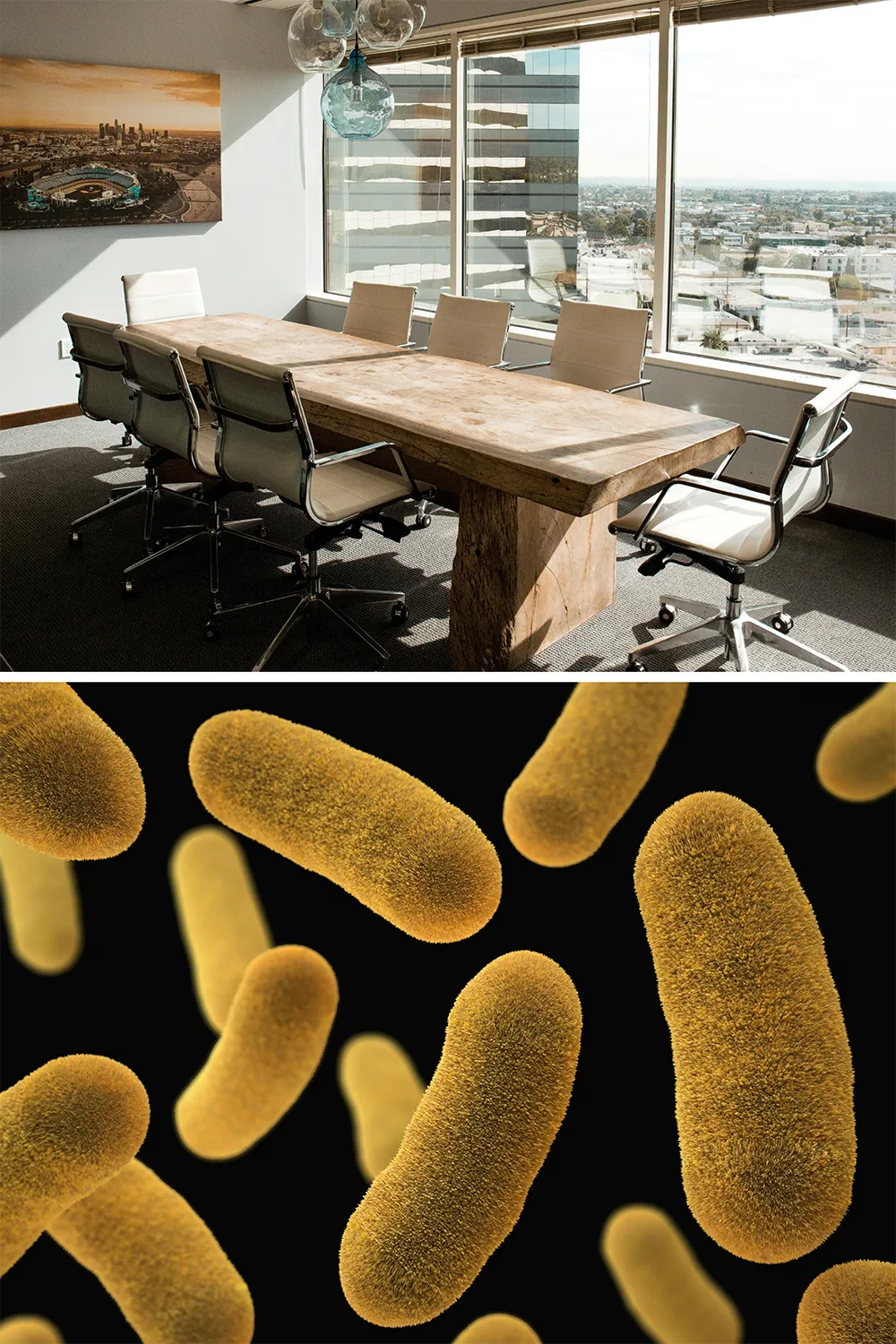 Office employee sneezing into arm inside of a plantless office environment.