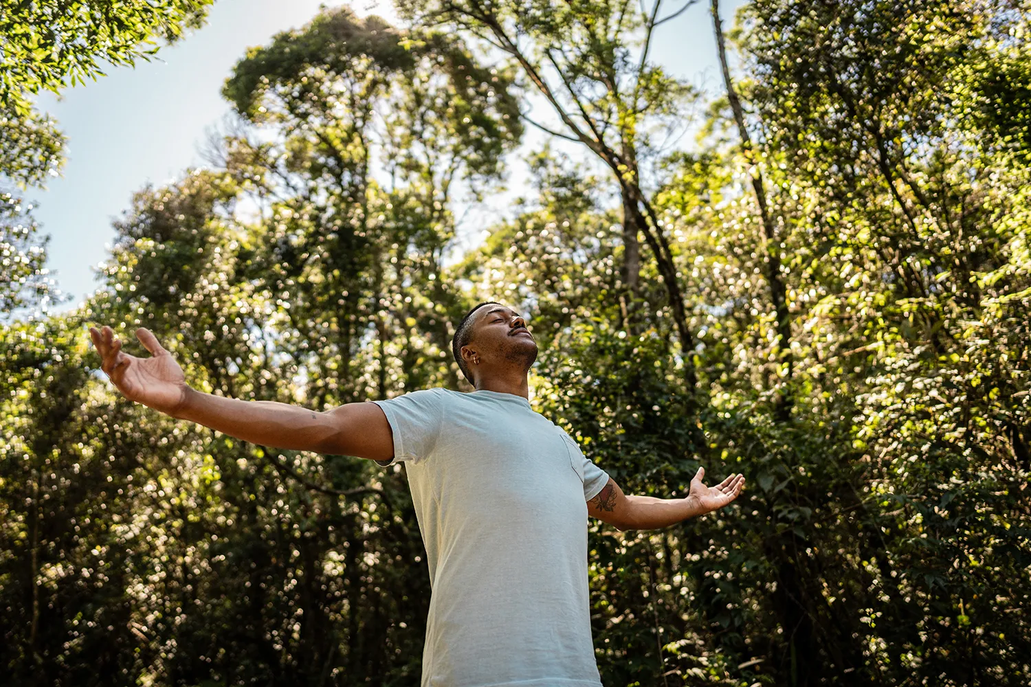 Man practicing forest bathing, arms wide open, taking in the trees.