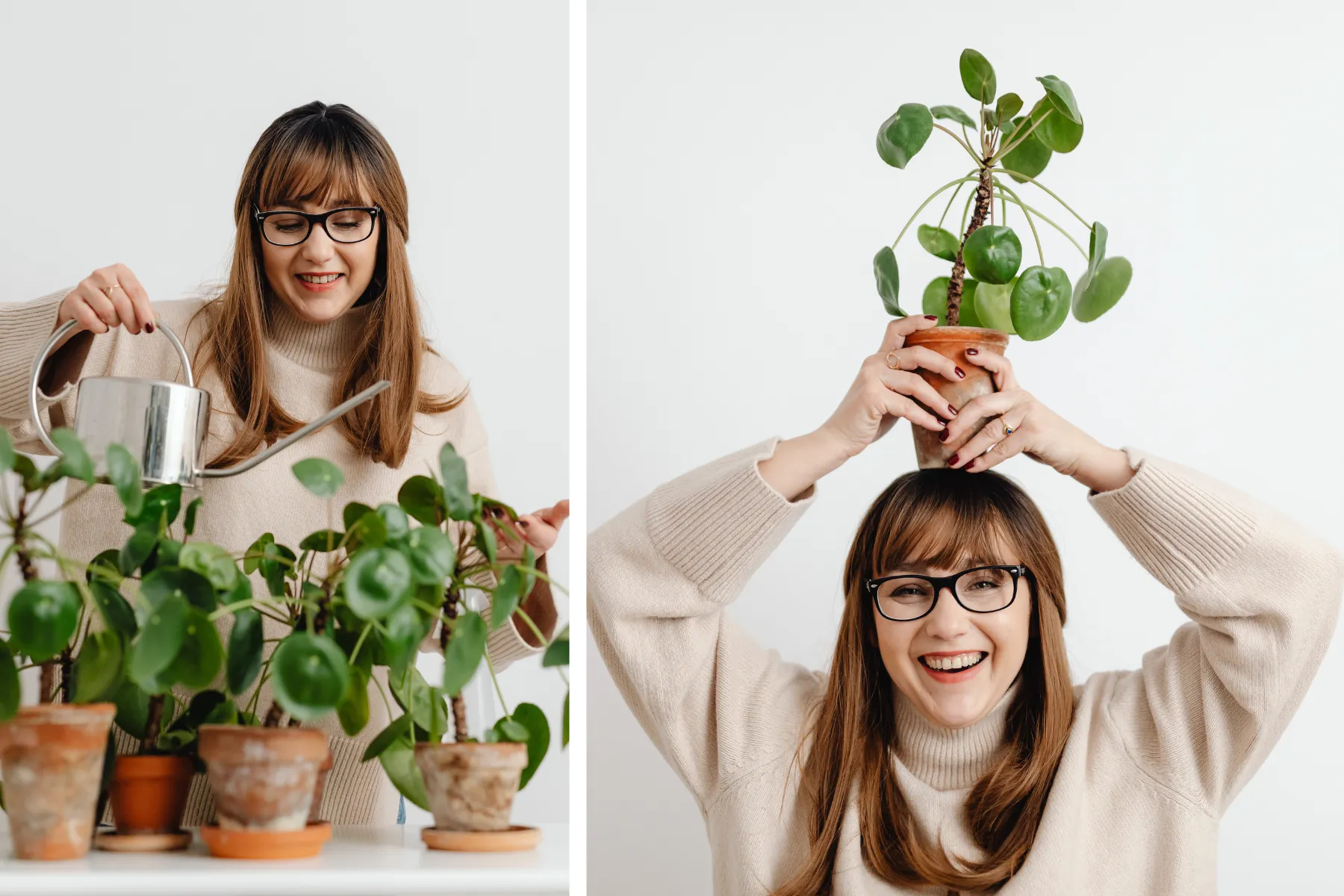 A smiling student finds joy and focus while caring for her indoor plants.