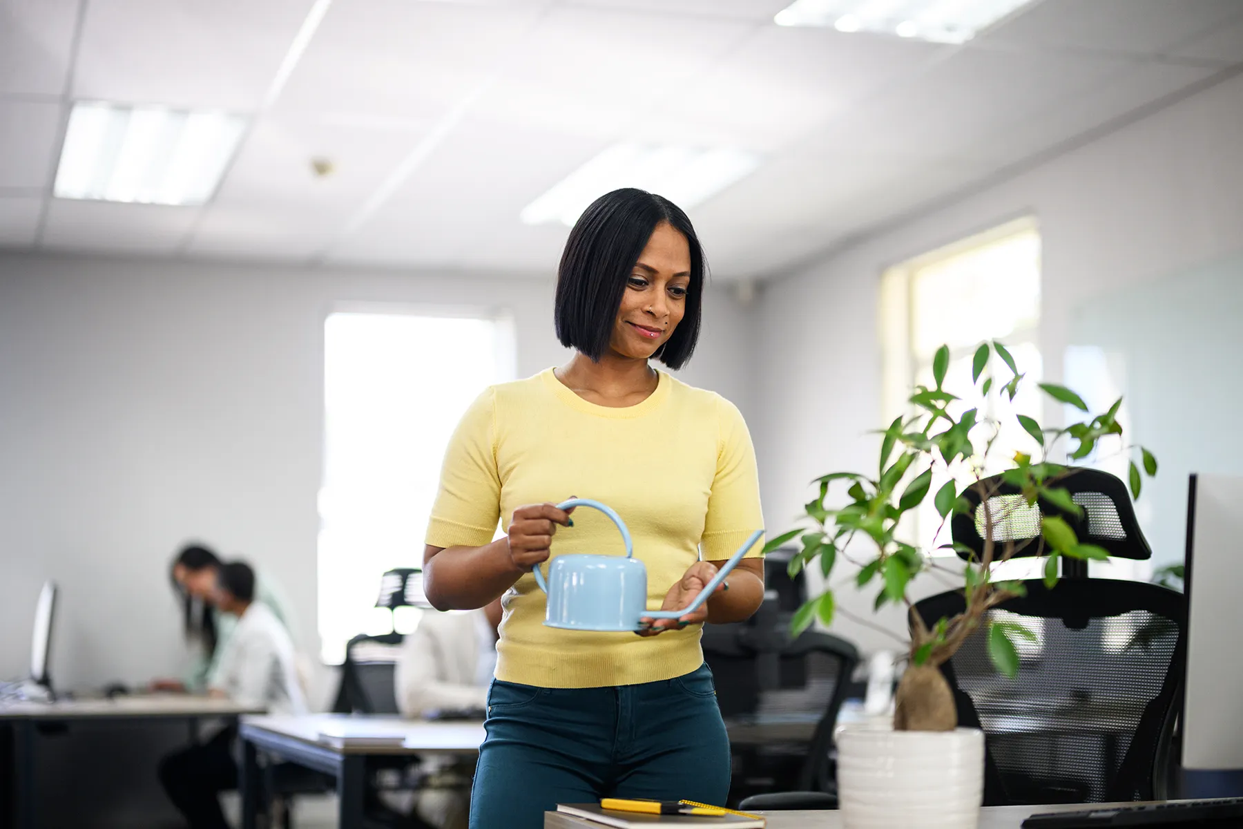 An office worker engaging in plant therapy by caring for their desk office plants to boost workplace wellness.