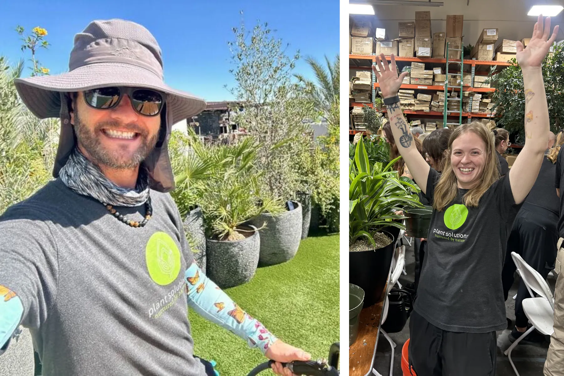 A Plant Solutions interior horticulturist wearing a sun hat outdoors next to large potted plants, paired with a female horticulturist smiling with arms raised in a plant warehouse.