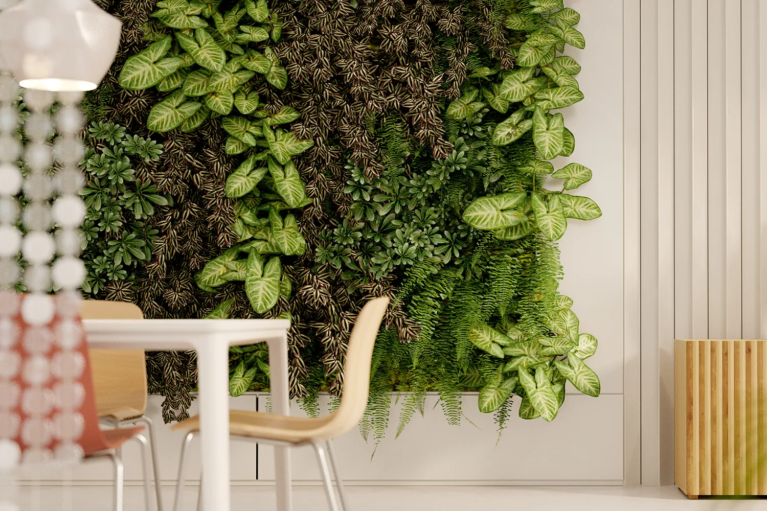 A diverse living wall showcasing how biodiversity enhances biophilic design.