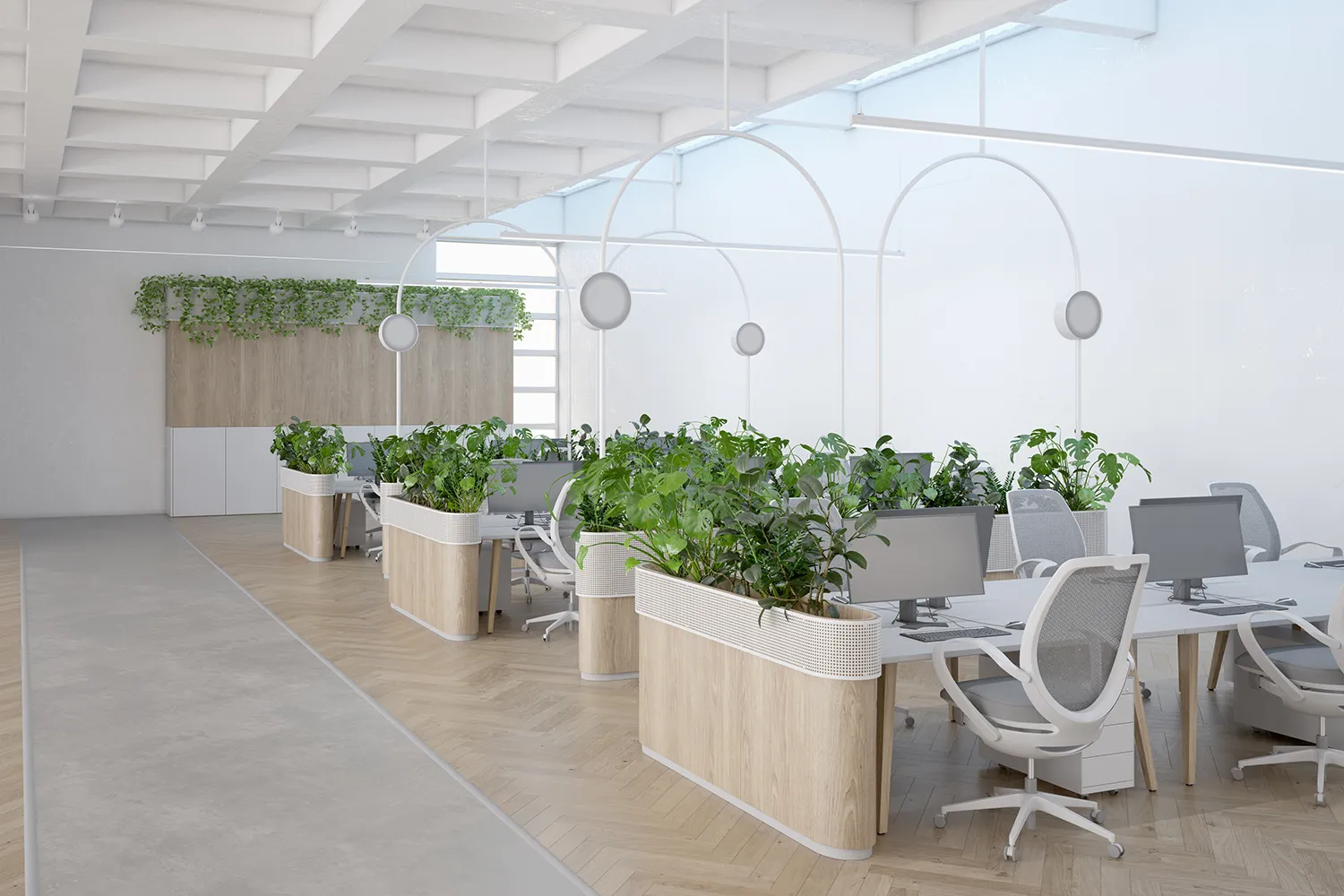 Sleek, modern rectangular planter displays acting as privacy dividers between workspaces in a bright open-plan office.