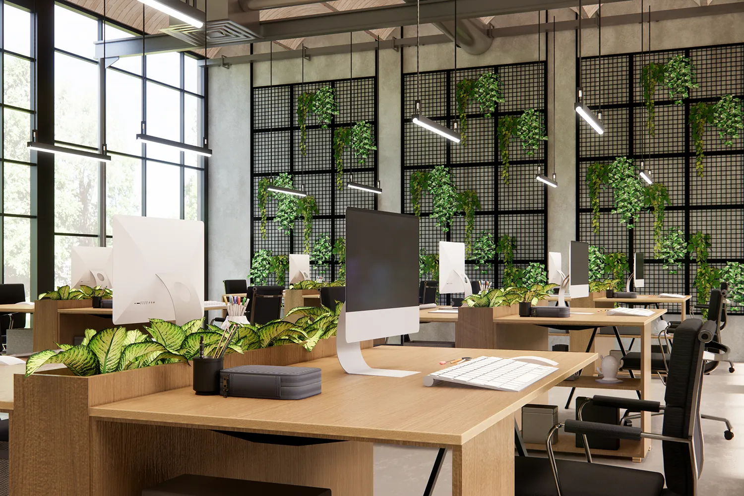 A bright, modern office space showcasing Scottsdale interior landscape design to enhance the daily tenant experience.